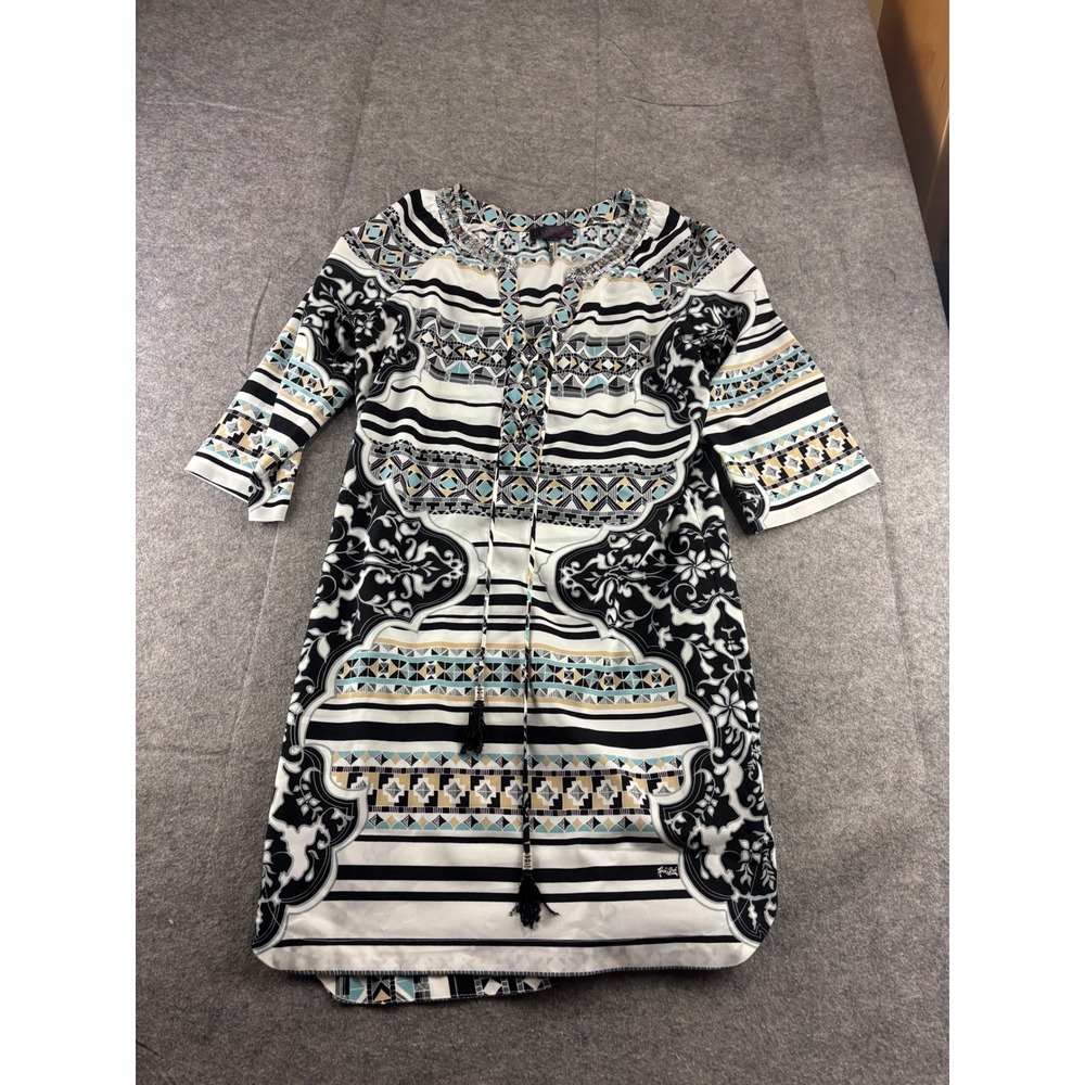 Hale‎ Bob Silk Blend Geometric Print Beaded Tassel Tunic Dress Black Blue XS